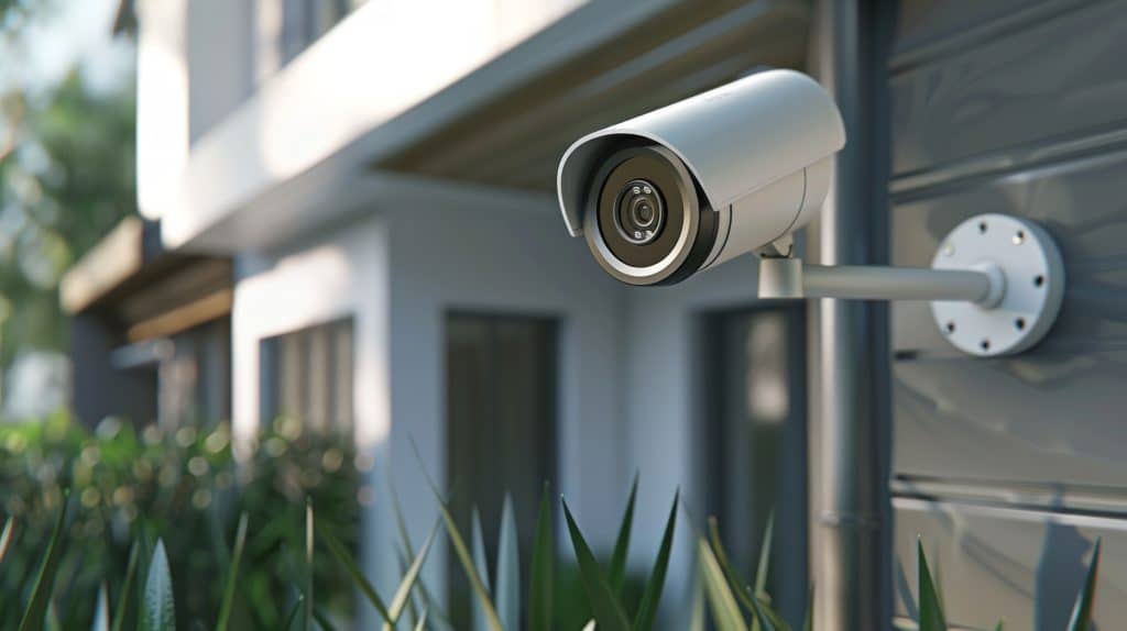Image shows 2 outdoor security cameras on a building, likely monitoring entrance. White, weather-resistant cameras on gray house with green yard.