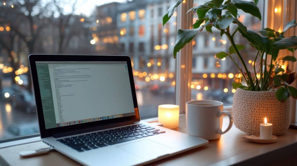 A cozy home office setup with a laptop displaying code, a candle, and a potted plant by the window, providing a warm and productive atmosphere.